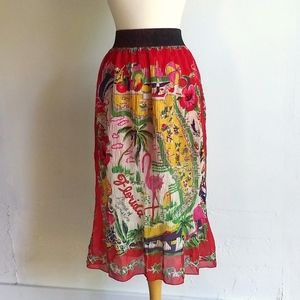 Anna Sui Red Silk Plissé Florida Midi Skirt - Sz 6